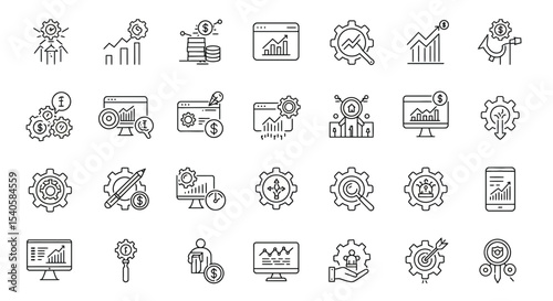 Collection of business strategy icons showing financial growth and development