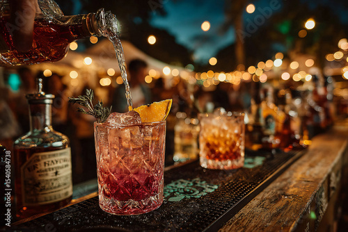 Elegant cocktail station at a food festival, mixologist pouring vibrant drink into crystal glass, citrus garnish mid-air, glowing bar lights, guests watching with interest.
