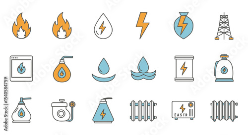 Energy Sources and Utilities Icon Set, Illustrating Power Generation and Resource Management