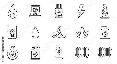Energy sources vector icons, representing different types of power generation and consumption
