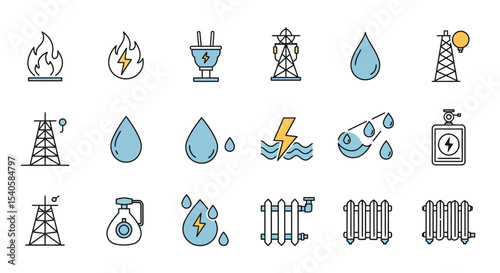 Illustrative icons depicting water, electricity, and heating resources and technologies