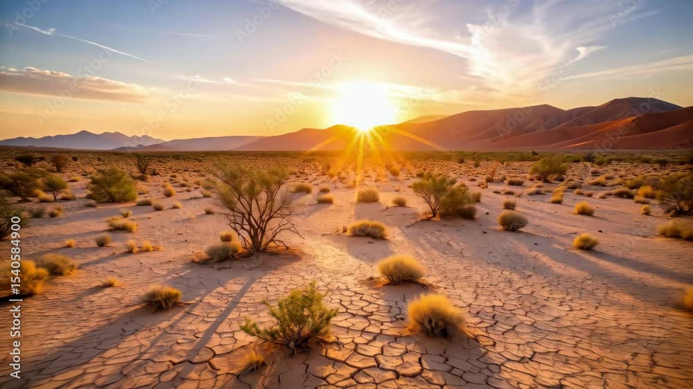 Sunset over a cracked arid desert landscape with sparse vegetation and distant mountains under a vibrant sky