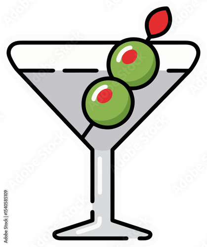 Cartoon Martini Glass with Green Olives – Vector Cocktail Icon for Bar Menu and Drink Illustration Design