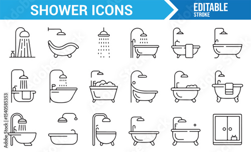 Shower and Bathing Icons Set: Simple Line Art Representing Fixtures and Water