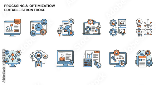 Collection of vector icons depicting data processing and optimization concepts