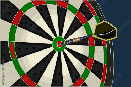Dart board on blue background. Dartboard with darts in board center. Competitive play for friendly company. Game or leisure hobby concept. Stock vector illustration