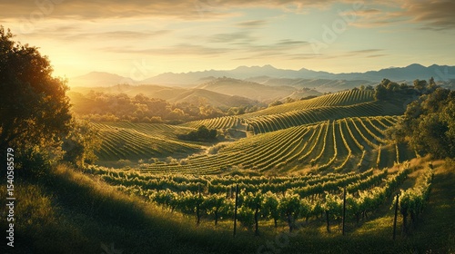 Golden Hour Vineyard Landscape: Rolling Hills and Sun-Kissed Vines