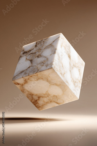 Abstract cube crafted from elegant marble, suspended in space with a warm, neutral background.