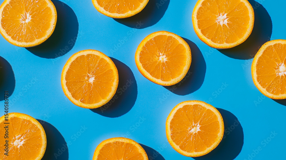 Orange slices are scattered across a bright blue background, creating a vibrant and refreshing pattern with strong shadows. Orange slices are scattered across a bright blue background, creating a vibrant and refreshing pattern with strong shadows.