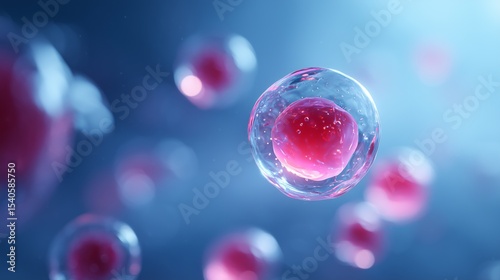 realistic stem cell sphere in red and pink surrounded by cellular bubbles on blue