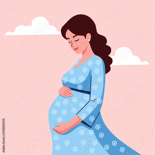 illustration of a pregnant woman in a patterned blue dress, gently touching her belly. A calm and stylish maternity design with pink background and clouds