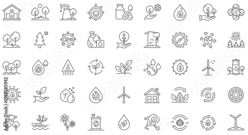Sustainable Environment Icons: Vector Set Depicting Ecology, Renewable Energy, and Conservation