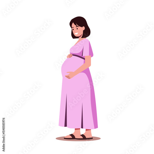 illustration of a pregnant woman in a pink dress, standing calmly with hands on belly. Minimalist and clean maternity design concept in flat style