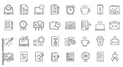 Collection of outline icons representing business and finance concepts and elements