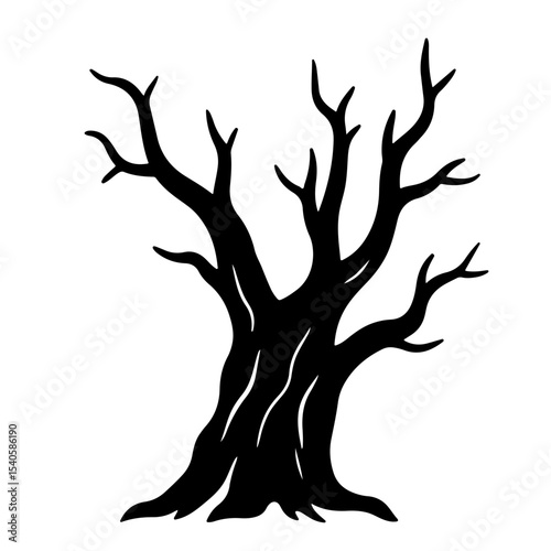 Black Silhouette of a Bare, Twisted Tree, Vector Illustration