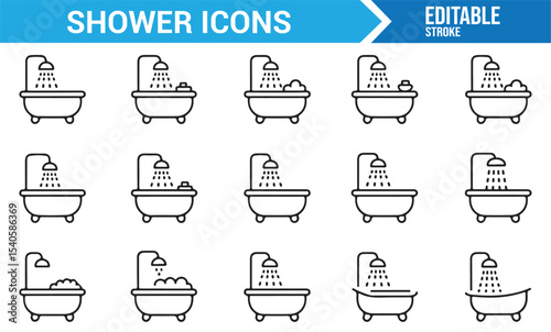 Set of Simple Icons for Showers, Bathtubs, and Water Flow in Bathroom Design