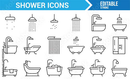Vector Set of Shower and Bathtub Icons Representing Water Flow and Bathing Fixtures