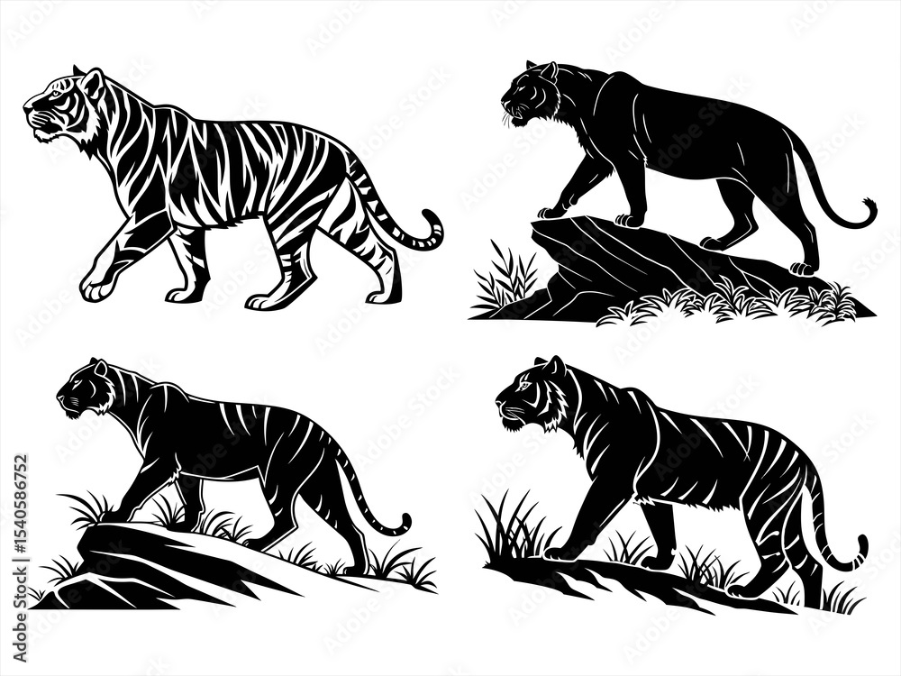 Obraz premium tiger sihouette black vector bundle