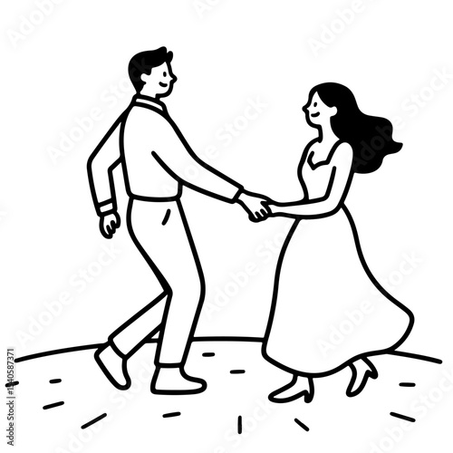 Couple dancing illustration, black and white vector art, romantic mood