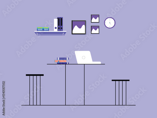 Modern and simple Flat style concept set of interior design room types table laptop book and clock on wall