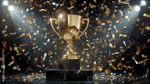Victory and Recognition Symbolized by Luxurious Trophy Surrounded by Red, Gold, and Silver Confetti