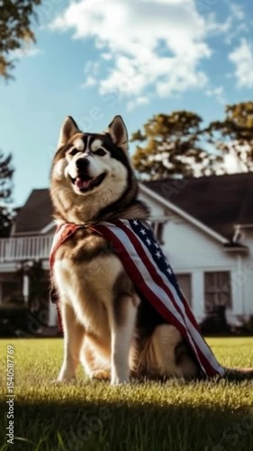 A fluffy Alaskan Malamute sits proudly wrapped in an American flag in front of a welcoming home, celebrating flag day.