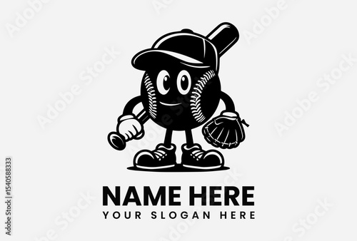 Cartoon baseball character with a cap, holding a bat and glove, standing on a white background.