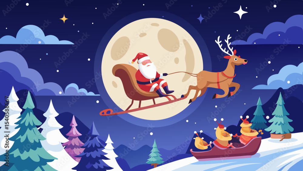 Naklejka premium Santa Flying in Sleigh with Reindeer Over Snowy Night Scene Background.