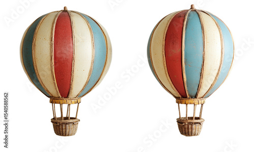 Vintage hot air balloons with colorful stripes retro travel and adventure isolated on transparent background.