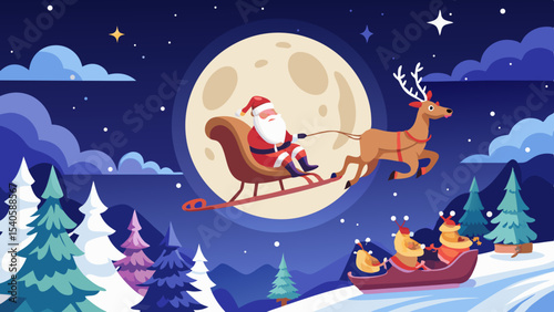 Santa Flying in Sleigh with Reindeer Over Snowy Night Scene Background.