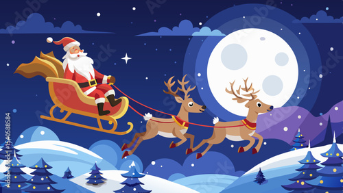 Santa Flying in Sleigh with Reindeer Over Snowy Night Scene Background.