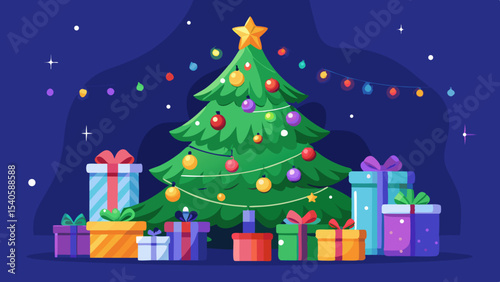 Decorated Christmas Tree with Ornaments and Gifts Underneath Ready for Celebration.