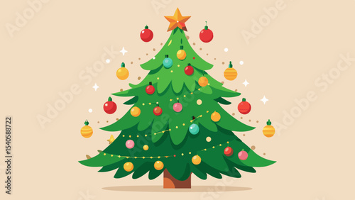 Decorated Christmas Tree with Ornaments and Gifts Underneath Ready for Celebration.