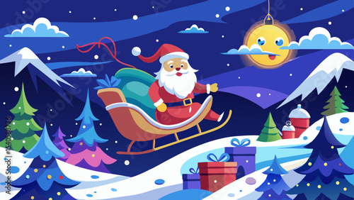 Santa Flying in Sleigh with Reindeer Over Snowy Night Scene Background.