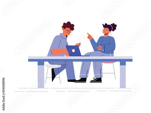 Business Job Interview concept. Vector cartoon illustration of a young woman asking questions and a man in a suit answering them while sitting at a table. Isolated on background