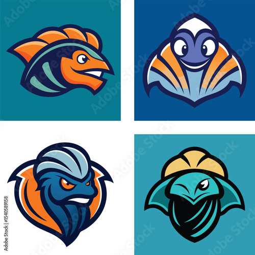 Four unique aquatic creature mascot logos designs