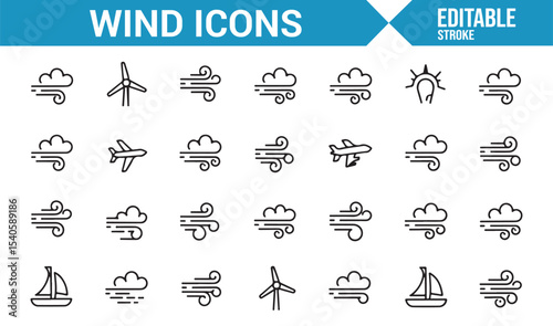Set of Wind Icons: A Collection of Minimalist Line Drawings Representing Various Wind and Weather Symbols, Including Wind Gusts, Clouds, Airplanes, and Weather Patterns in Simple, Clean Design.
