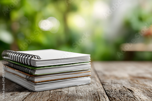 A close-up shot of a stack of blank paper sheets on top of a spiral notebook, positioned on a wooden surface with a blurred green background, creating a sense of natural light and study. photo