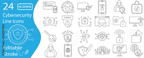 Cybersecurity Line Icon Set - 24 Thin Outline Icons Including Lock, Hacker, Shield, Encryption, Firewall, and Online Privacy Elements