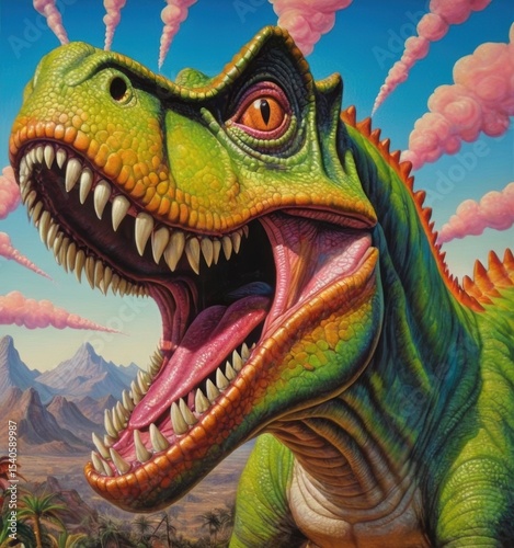 Enormous Tyrannosaurus Rex Roaring in a Prehistoric Landscape with Volcanic Activity