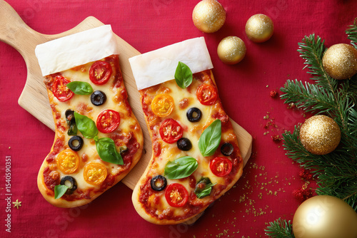 Holiday pizza on wooden board on a red festive table