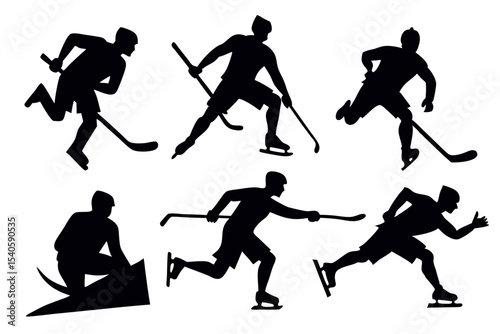 Dynamic Black Silhouette of Ice Hockey Players in Action Poses