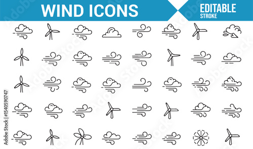 Set of Simple Wind and Weather Icons Representing Gusts and Airflow