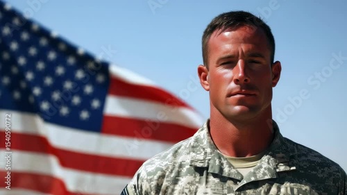 A soldier poses confidently against the backdrop of an American flag, embodying pride and dedication during sunset, symbolizing freedom.