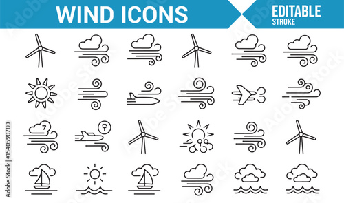 Vector Set of Wind Icons Including Airplanes, Clouds, and Weather Patterns