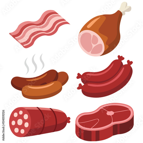 Delicatessen butchery meat set vector isolated white background