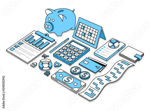 Personal budget, piggy bank, savings, expense tracker, smartphone with budgeting app, expense record, budget calendar. Minimalism. Vector illustration