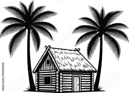 Black and White Tropical Hut Two Palm Trees cabin