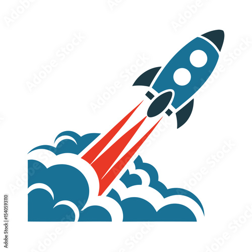 Blue Rocket Launching Red Flames Teal Smoke Clouds Space Flight Icon 1