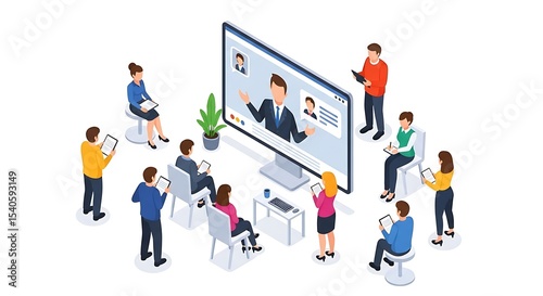 Isometric illustration of a group attending a virtual meeting on a large screen, with a presenter visible.